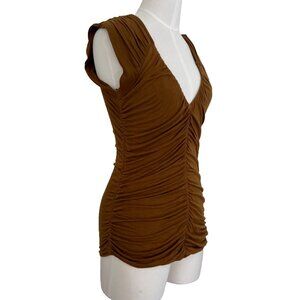 SIS SIS Ruched Top Y2K Brown Women's Medium Jersey Tank Mocha Olive Cap Sleeve